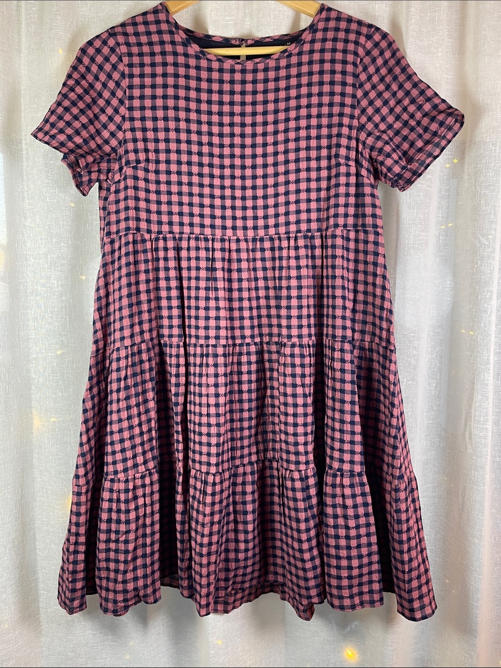 Madewell Pink and Navy Gingham Tiered Mini Dress